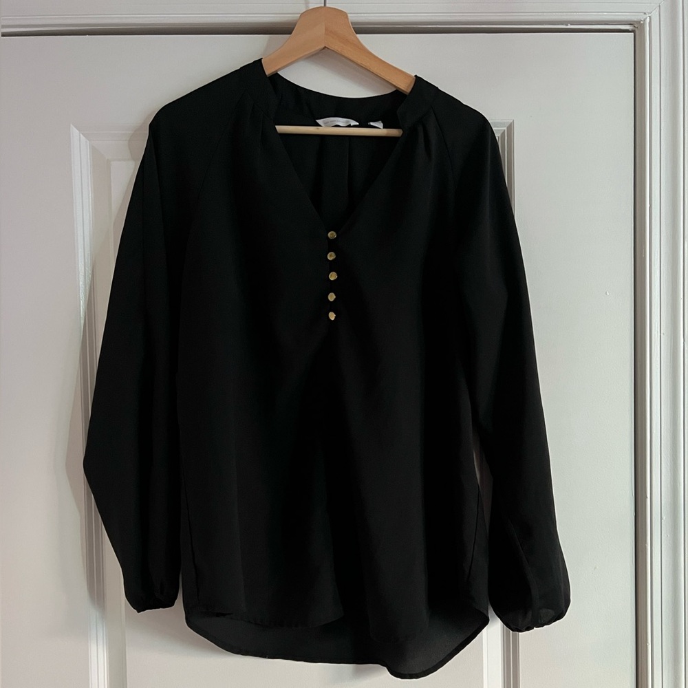 New York & Company Black Blouse with Gold Buttons